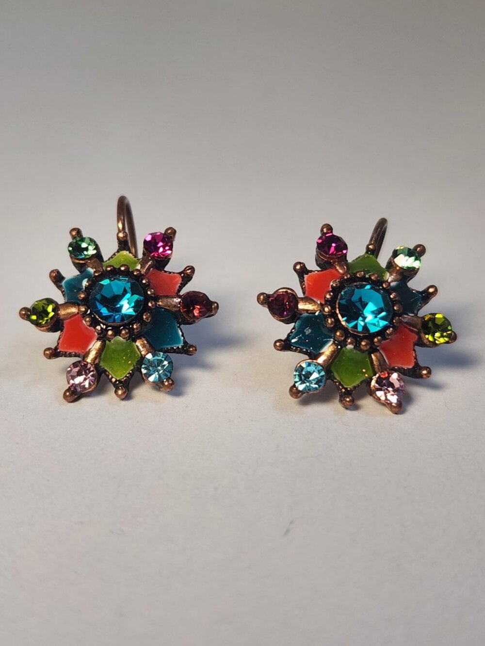 Vintage 1990s Anne Koplik Multicolor Enamel Crystal Floral Leverback Earrings